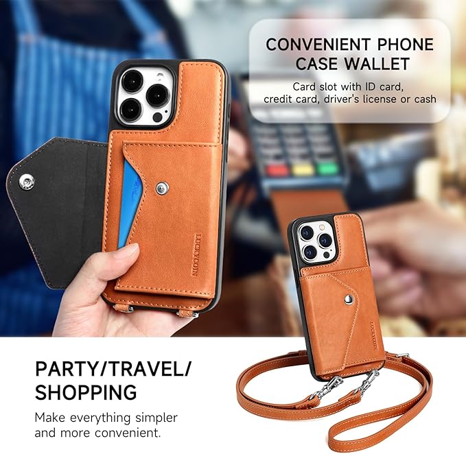LUCKYCOIN Crossbody Wallet Phone Case for iPhone 14 Pro Max,100% Genuine Leather Wallet Phone Case with Expandable Flip Card Holder,Phone Purse for Women with Adjustable Removable Strap - Brown