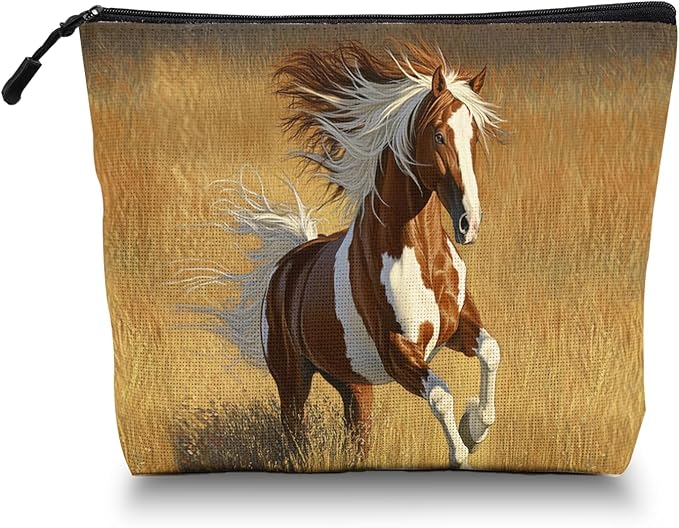 Cosmetic Bags Travel Makeup Toilet Case Waterproof Pouch for Women Girls 6.7X9.45inches - Horse Galloped on The Golden Grass