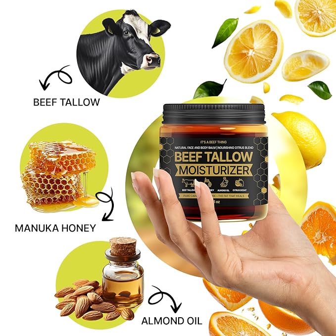 100% Grass-Fed Beef Tallow Balm with Manuka Honey, Almond Oil & Light Citrus Scent – Organic Whipped Moisturizer for Hydrating Face, Body & Dry Skin (3.38oz)