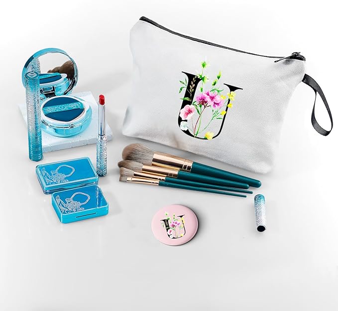 SEAMOON Birthday Bridal Shower Unique Initial Gifts for Women Mom Sister Daughter Friend Bff Personalized Travel Makeup Cosmetic Bag with Mirror Valentines Mothers Day Christmas Graduation U