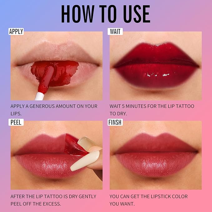 KIMUSE Tattoo Peel & Reveal Lip Stain, Waterproof Long Lasting Peel Off Lip Liner Tattoo, Non Stick Color Peel Off Mask Lip Gloss Makeup