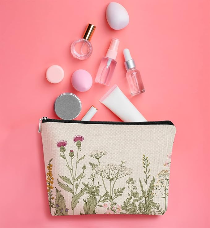 Vintage Cottagecore Summer Aesthetic Botanical Herbs Wildflowers Makeup Bag,Floral Cosmetic Bag Best Gift Idea for Flower Lovers Girls Women,Zipper Travel Toiletry Bag Mother's Day Gifts for Mom
