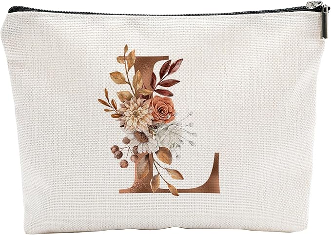 A-Z Boho Personalized Cosmetic Bag-Floral Cotton Letter Makeup Bag With Zipper-Artistic Cosmetic Bag For Travel-Bride,Birthday Gift For Women Daughter Friends-Women Makeup Organizer-A12