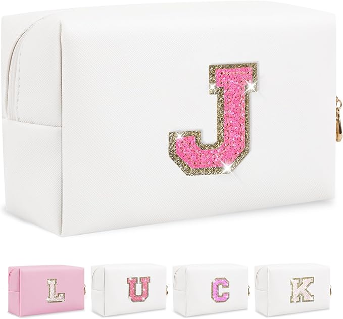 Initial Letter Patch Makeup Bag, Small Preppy A-Z Glitter Letter Cosmetic Bag, PU Leather Waterproof Travel Toiletry Bag, Cute Make Up Pouch Personalized Monogrammed Gift for Women Teen Girls