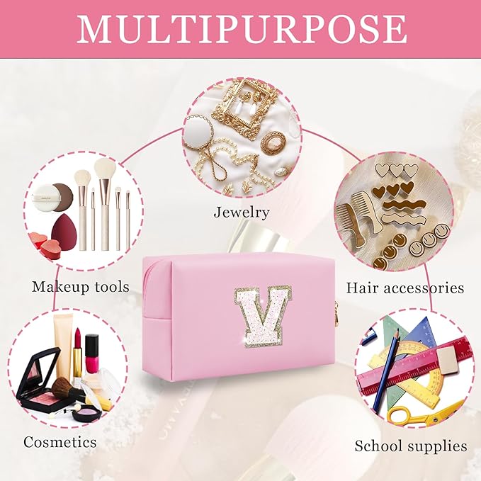 Personalized Initial Letter Patch Makeup Bag, Preppy Glitter Letter Makeup Organizer, Cute Monogrammed Pouch Cosmetic Bag PU Leather Waterproof Travel Toiletry Bag, Gift for Women Teen Girls