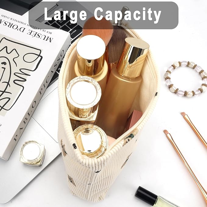 Corduroy Makeup Bag Cute Small Soft Zipper Cosmetic Bag for Purse Coquette Aesthetic Cosmetic Pouch with Bear Toiletry Storage Pouches Travel Makeup Bags Organizer Gifts for Women (Beige)