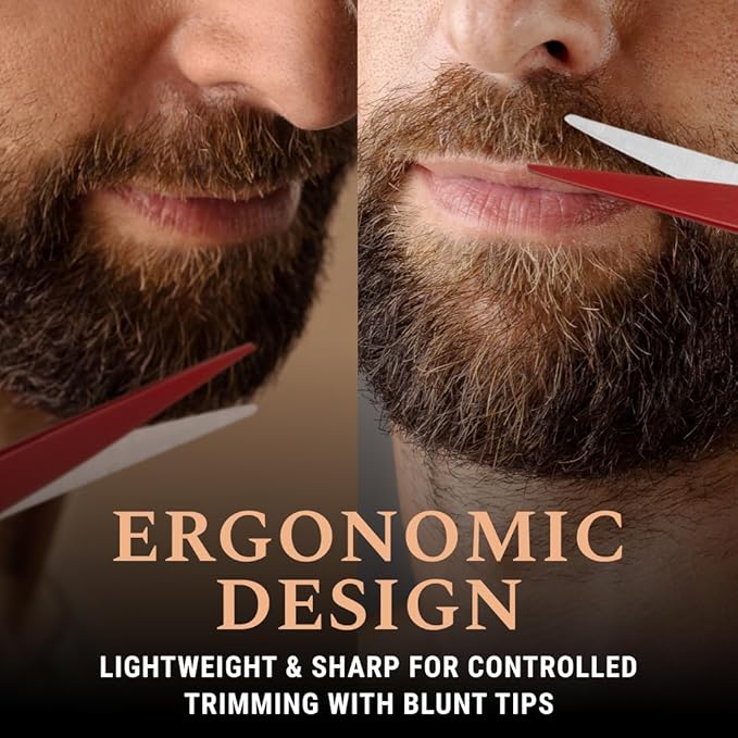 Ontaki Beard Scissors & Mustache Scissors - 5-Inch, True Red - German High-Carbon Steel Bevel Edge - Grooming Kit with Beard Comb & Mustache Comb & PU Leather Pouch - Facial Hair Grooming for Men