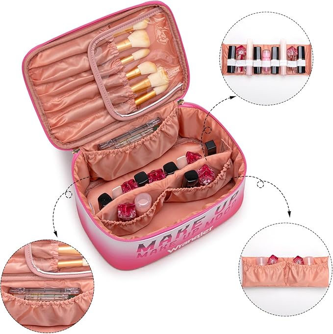 Montana West X Wrangler Travel Makeup Bag 2pcs Set Large Cosmetic Bag with Makeup Brush Holder Portable Make Up Organizer Cute Toiletry Bag with Divider and Handle for Women Gradient