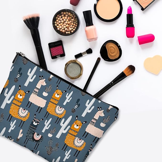 Cute Makeup Bag for Purse Canvas Waterproof Funny Cosmetic Bags for Women Zipper Travel Toiletry Pouch-Alpaca Makeup Bags-Grey