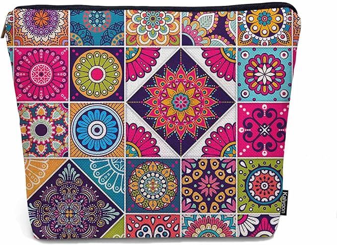 Women Makeup Organizer Bag Mandala Floral, Colorful Ethnic Mandala Flower Patchwork Flax Cosmetic Bag Makeup Bags Toiletry Bag Accessories Organizer Travel Bags For Home Bathroom Office Hotel