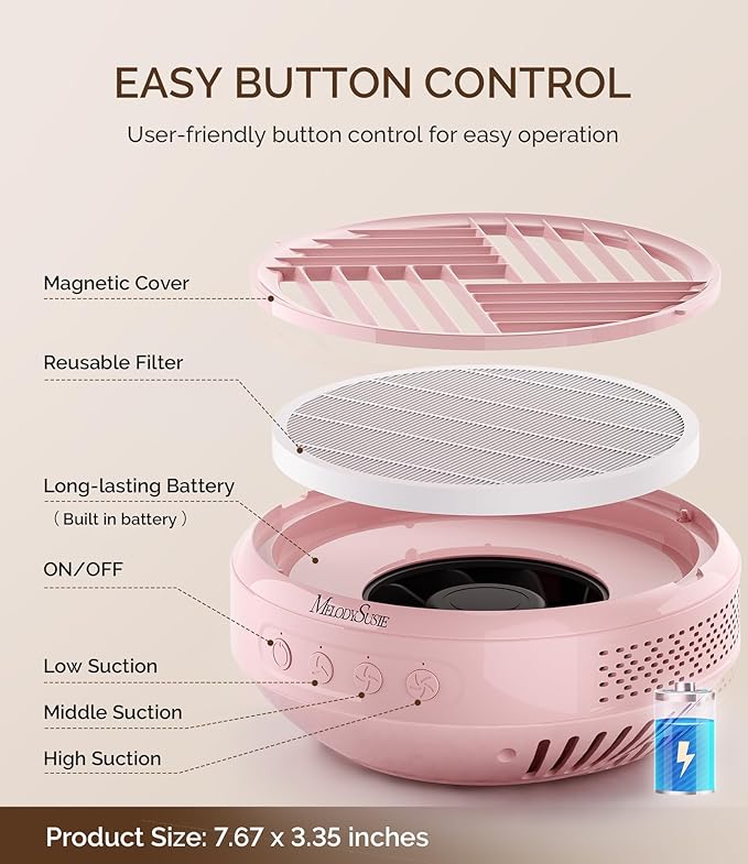 MelodySusie Cordless Nail Dust Collector,SProR 3500RPM Rechargeable Vacuum Fan Dust Extractor with Reusable Filter for Mobile Nail Tech, Salon & Home