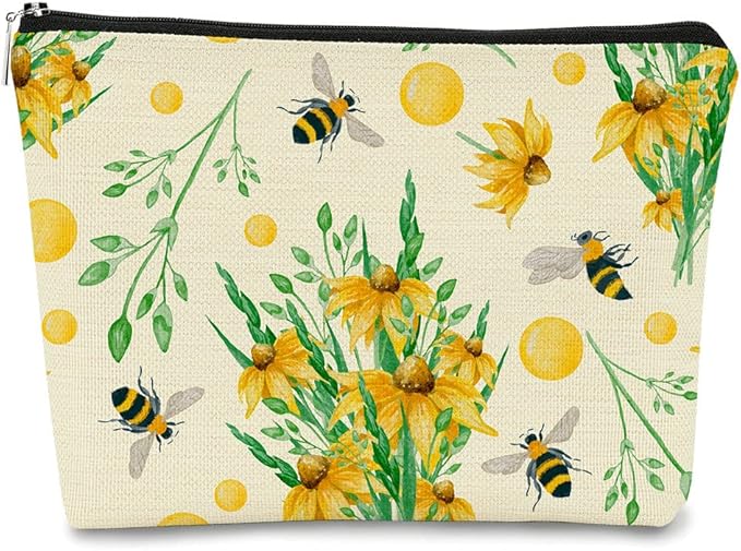 Bee Summer Cottagecore Yellow Flowers Daisy Makeup Bag Cosmetic Bag Zipper Travel Toiletry Bag, Best Gift Idea for Teen Girls Women,Birthday Christmas Gifts for Girls Women Daughter Sister