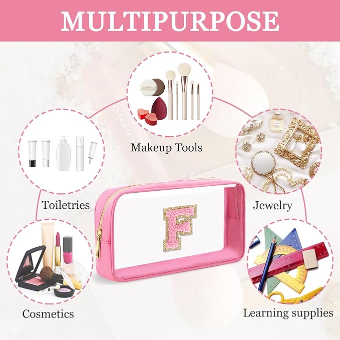 Small Clear Personalized Initial Makeup Bag,Nylon Preppy A-Z Chenille Letter Patch Cosmetic Pouch Beach Toiletry Bag,Waterproof Zipper Travel Purse Storage Bag Organizer for Women Girls(Pink-Pink F)