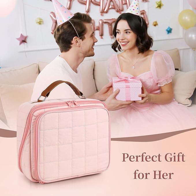 MOKURA Quilted Makeup Bag, Large Capacity Cosmetic Bag with Jewelry Organizer, Portable Make up Pouch, Waterproof Travel Toiletry Case with Compartments, Gifts for Women Girls, Pink