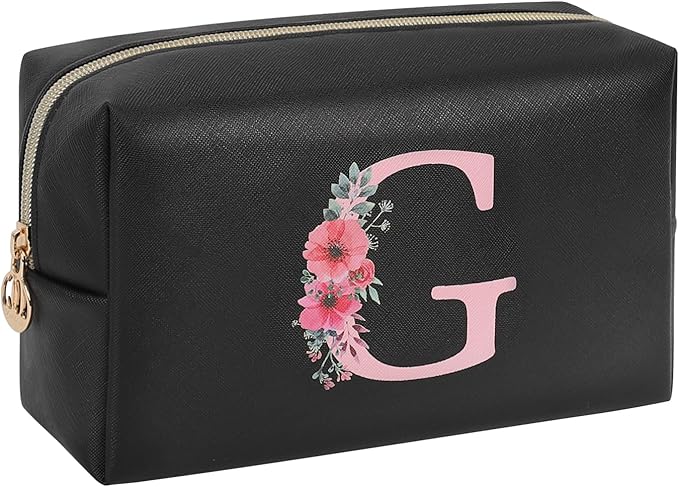 Personalized Initial Makeup Bag, Birthday Gifts for Women and Girls, Small Makeup Pouch Travel Toiletry Bag, Make Up Organizer Bag Gift Trendy Stuff for Friend Mom Teacher, Black