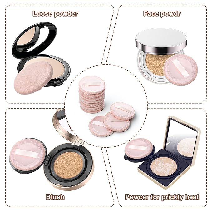 Xindojuz 12 PCS Makeup Powder Puff, 2.36 Inch Washable Cotton Soft Makeup Remover Pads for Face, Mini Round Cushion Foundation Puffs with Ribbon for Loose Setting Pressed Powder (Beige)