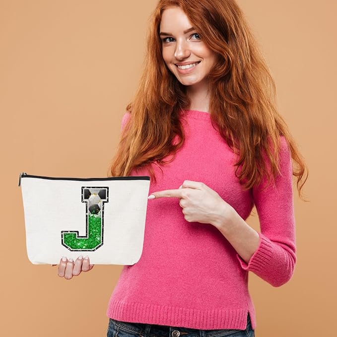 Soccer Gifts Initial Makeup Bag Monogrammed Cosmetic Bag Letter J Zipper Pouch Soccer Accessories for Girls Women Soccer Player Coach Friend Soccer Stuff Graduation Birthday Gifts