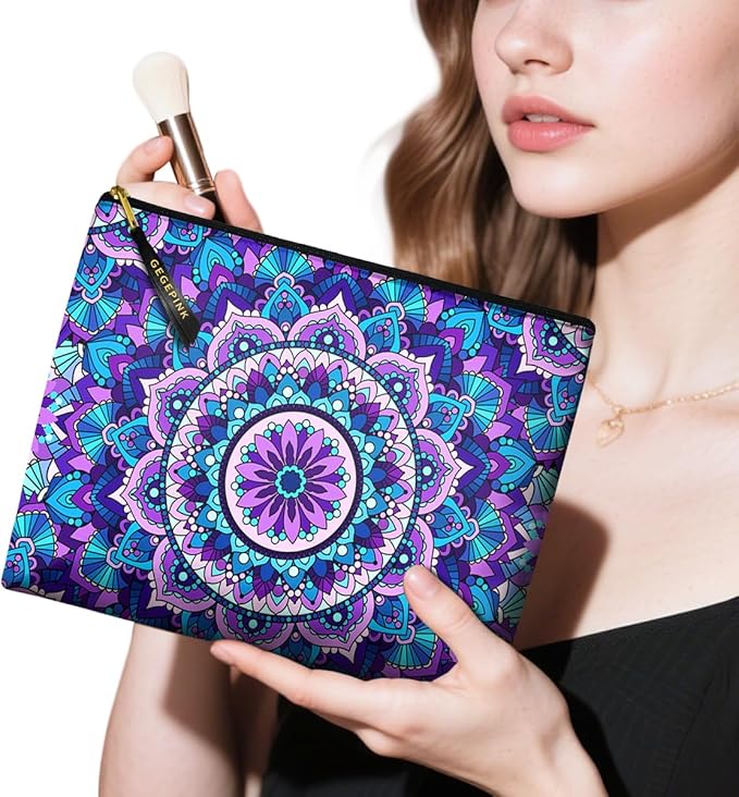 Cute Makeup Bag for Purse Waterproof Cosmetic Bags for Women Funny Smooth Zipper Travel Toiletry Pouch 10X8 Inches-Purple Mandala Makeup pouch