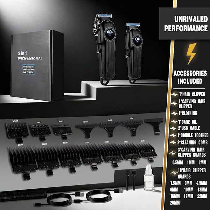 Hair Clippers for Men Professional Clippers and Trimmers Set, Cordless Hair Clippers, Haircutting Machine with LED Display for Barber Mens Grooming Kit