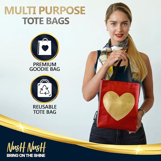 Nush Nush Gold Heart in Red Gift Bags Medium Size - Set of 12 Reusable Heart Gift Bag with Handles - Ideal Goodie Bag for Anniversary, Engagement, Wedding, Birthday, Valentines Day - 8x4x10