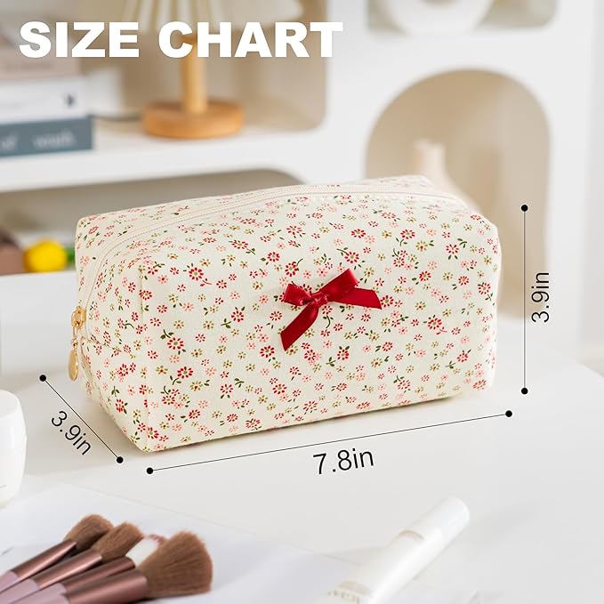 Makeup Bag Travel Toiletry Bag for Women, Small Cosmetic Bags Cute Quilted Cotton Makeup Pouch for Purse Emergency Bag for School Floral Pencil Case Accessory Bag, Tie Bow