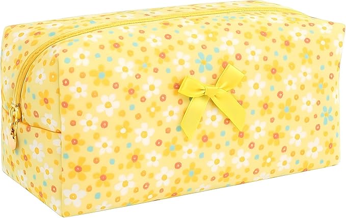 Floral Cotton Makeup Brush Cosmetic Bag for Women, Travel Quilted Zipper Pouch, Large Capacity Flowers Toiletry Organizer, Kawaii Makeup Storage Case, Cosmetic Travel Cloth Bag-Yellow Sun Flower