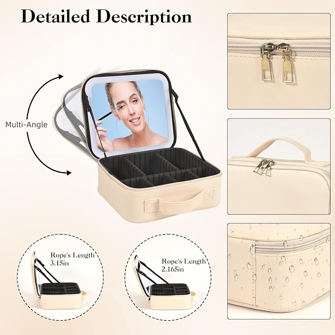 Travel Makeup Bag With LED Mirror,Cosmetic Train Case with 3 Color Setting,Cosmetic Makeup Organizer Bag with Adjustable Dividers,Portable Make up Box with Make up Brushes Holder Storage（Beige）