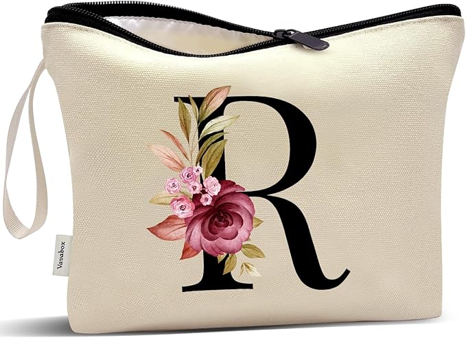 Vavabox A-Z Personalized Makeup Bag, Birthday Gifts for Women Mom, Gifts for Best Friend, Bride Bridesmaid Cosmetic bag (R, Yellow)