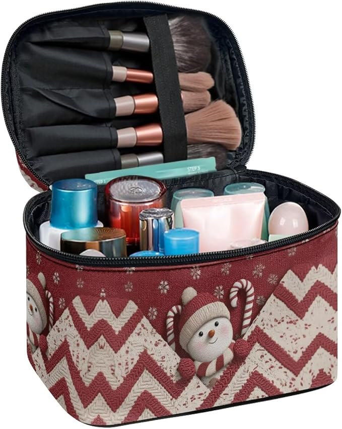 Snowman Chevron Print Travel Makeup Bags for Women Portable Tote Cosmetic Case with Carry Handle Toiletry Accessories Storage Organizer Bags for Christmas, Red