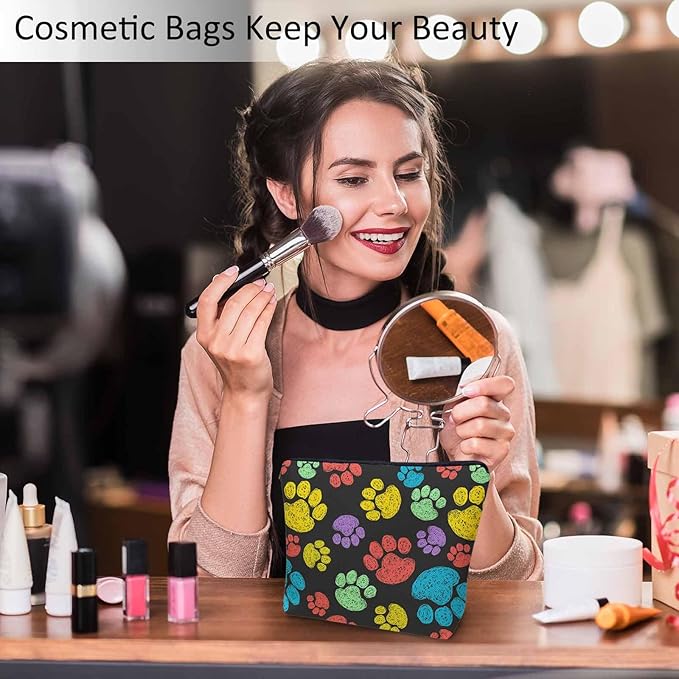 Woman Makeup Bag Dog Paw, Rainbow Doodle Paw Prints Cat Footprint Makeup Bags Travel Cosmetic Bags Toiletry Makeup Organizer Pencil Pouch Make Up Cosmetic Bag For Owners Lady Birthday Gifts