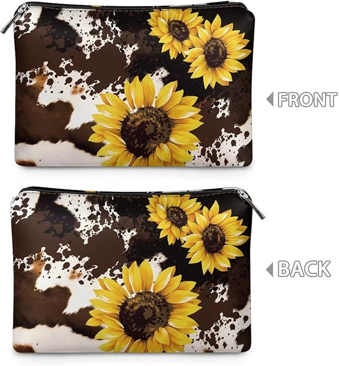 COEQINE Sunflower Cosmetic Bag for Women Leather Soft Cosmetic Bag With Black Cosmetic Purse for Travel Birthday Party Cow Print Cosmetic Purse With Zipper for Ladies Cell Phone Purse