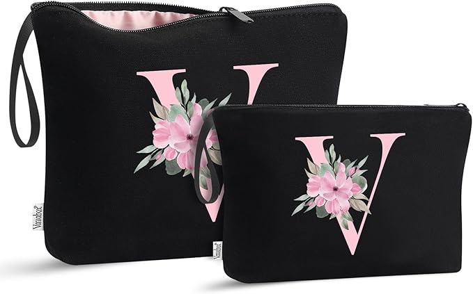 Vavabox A-Z Personalized Makeup Bag, Birthday Gifts for Women Mom, Gifts for Best Friend, Bride Bridesmaid Cosmetic bag (V, 04-Black Set)