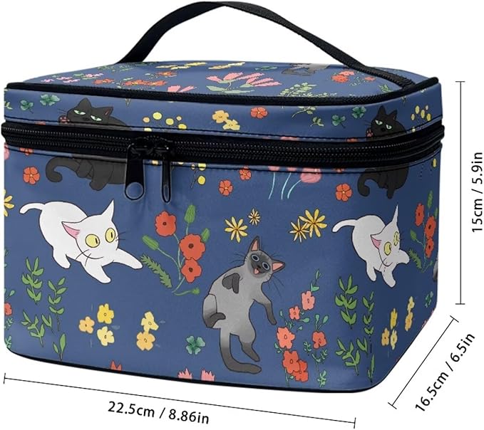JoyLamoria Cat Floral Portable Cosmetic Bag Cute Makeup Case Zipper Closure
