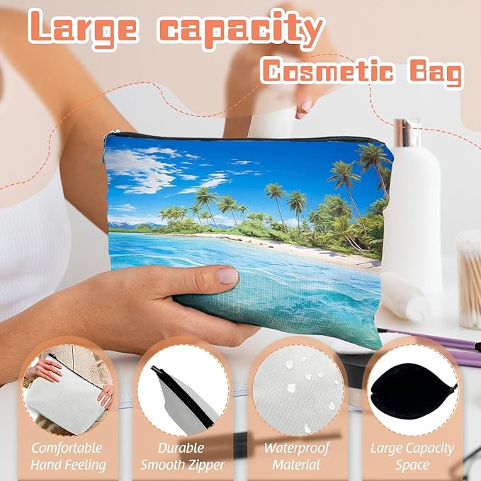 Makeup Bag Travel Cosmetic Bags Small Makeup Case Waterproof Zipper Pouch for Women Girls 7X9inches - Tropical Paradise with Palm - Lined Beach