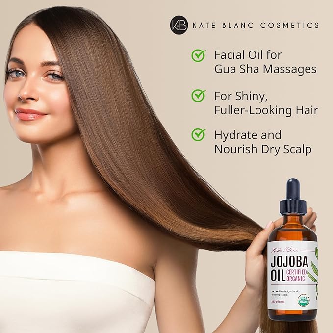 Kate Blanc Cosmetics Organic Jojoba Oil for Hair, Skin & Face (2oz, 100% Pure Cold Pressed, Natural). Gua Sha Oil for Face & Dermaplaning