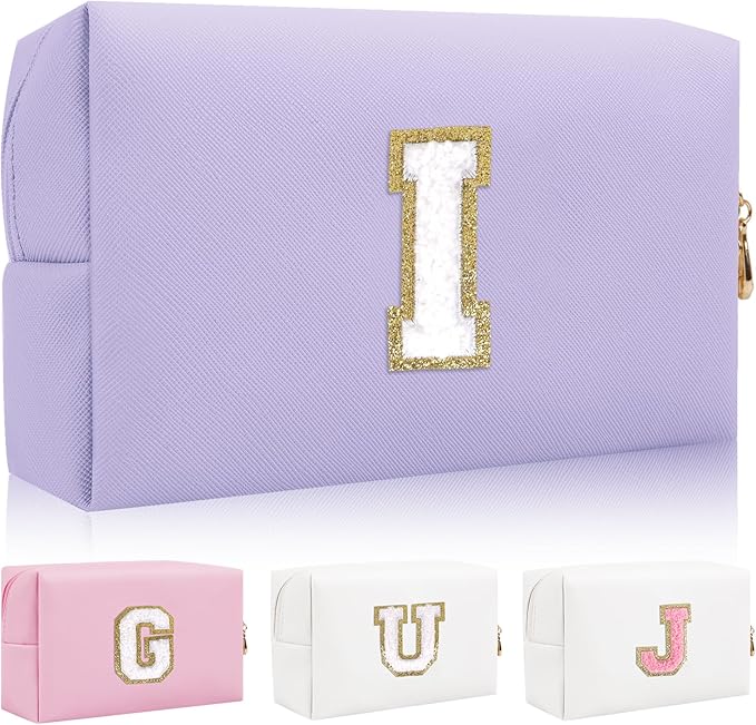 Iqimott Personalized Initial Letter Patch Makeup Bag, Preppy Small Chenille Letter Cosmetic Bag with Zipper, PU Leather Waterproof Travel Toiletry Bag Monogram Make Up Pouch for Women Girls(Letter I)