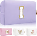 Iqimott Personalized Initial Letter Patch Makeup Bag, Preppy Small Chenille Letter Cosmetic Bag with Zipper, PU Leather Waterproof Travel Toiletry Bag Monogram Make Up Pouch for Women Girls(Letter I)