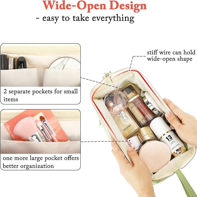 Travel Makeup Bag, Wide-open Cosmetic Bag Make Up Organizer Case with Brushes Pocket for Women, Large Family Toiletry Bag Skincare Pouch for Toiletries Accessories