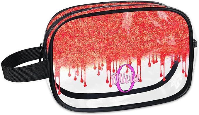 Custom Travel Clear Cosmetic Bag with Name, Personalized Large Capacity Weekend PVC Transparent Toiletry Bag Portable Bathroom Makeup Organizer, Red Curtain Glittering