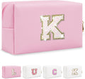 Initial Letter Patch Makeup Bag, Small Preppy A-Z Glitter Letter Cosmetic Bag, PU Leather Waterproof Travel Toiletry Bag, Cute Make Up Pouch Personalized Monogrammed Gift for Women Teen Girls
