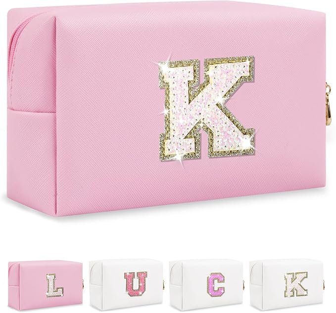 Initial Letter Patch Makeup Bag, Small Preppy A-Z Glitter Letter Cosmetic Bag, PU Leather Waterproof Travel Toiletry Bag, Cute Make Up Pouch Personalized Monogrammed Gift for Women Teen Girls