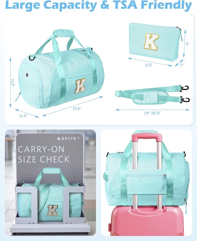 Trip Essentials for Teens, Girls Travel Duffle Bag, Kids Initial Overnight Bags with Shoe Compartment, Personalized Weekend Bag with Cosmetic Pouch, Trendy Stuff Gifts (Letter F)