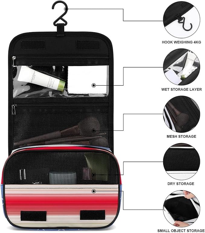 Travel Toiletry Bag Red Blue White American Flag, Portable Makeup Bag with Hanging Hook, Large Capacity Door Room Essentials Travel Organizer for Women Men