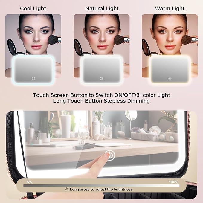 15''X11'' Large Capacity Makeup Bag with LED Mirror, Professional Makeup Case Organizer with 3 Color Light Adjustable Brightness, Travel Make up Cosmetic Case with Detachable Dividers & Shoulder Strap