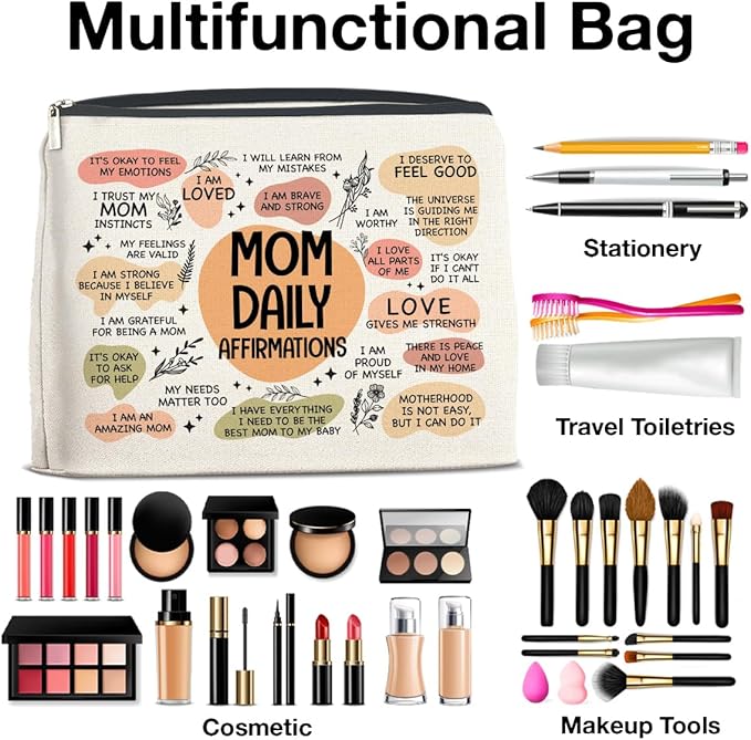 Mom Gifts Makeup Bag Inspirational Gifts for Mother Mom Daily Affirmations Cosmetic Bag Zipper Makeup Pouch
