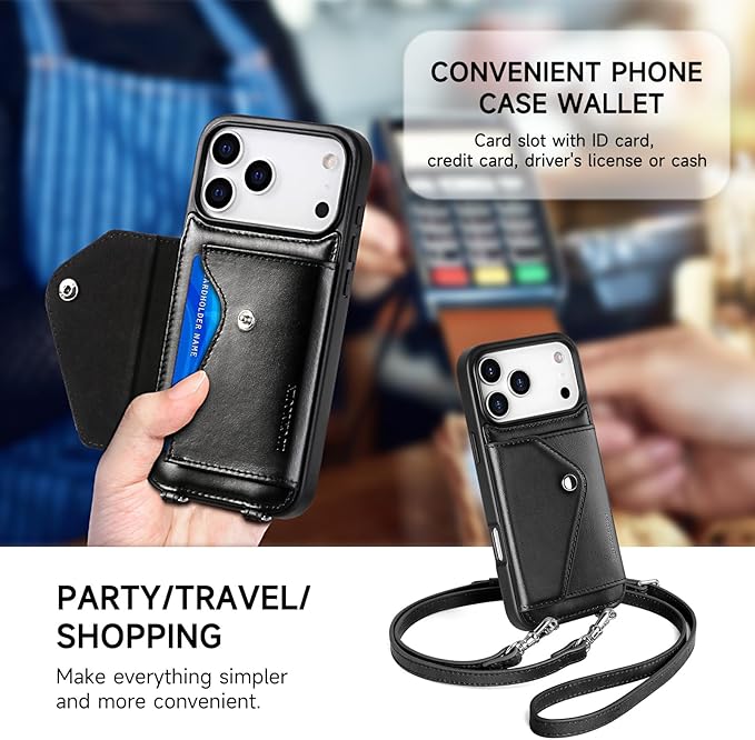 LUCKYCOIN Crossbody Wallet Phone Case for iPhone 17 Pro Max,100% Genuine Leather Wallet Phone Case with Expandable Flip Card Holder,Phone Purse for Women with Adjustable Removable Strap - Black
