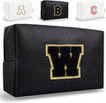 Small Personalized Letter Makeup Bag, Cute PU Leather Chenille Letters Cosmetic Bag Travel Makeup Pouch, Preppy Travel Organizer Zipper Pouch for Women&Girls（Black-W）