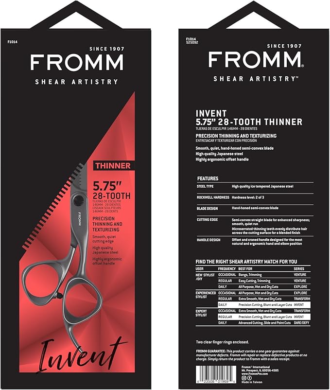 Fromm Invent 5.75" 28 Tooth Thinning Shears for Haircutting Wet and Dry Hair, Polished Silver Japanese Steel Scissors with Semi-Convex Blades and Microserrated Thinning Teeth