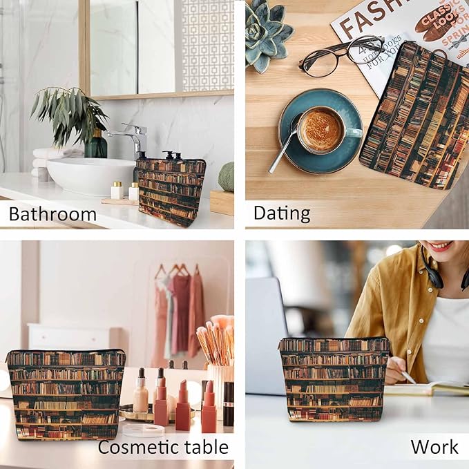 Vintage Library Bookshelf Makeup Bag for Purse, Travel Toiletry Pouch, Cosmetic Organizer, Old Books Pattern Flax Pencil Case for Men and Women