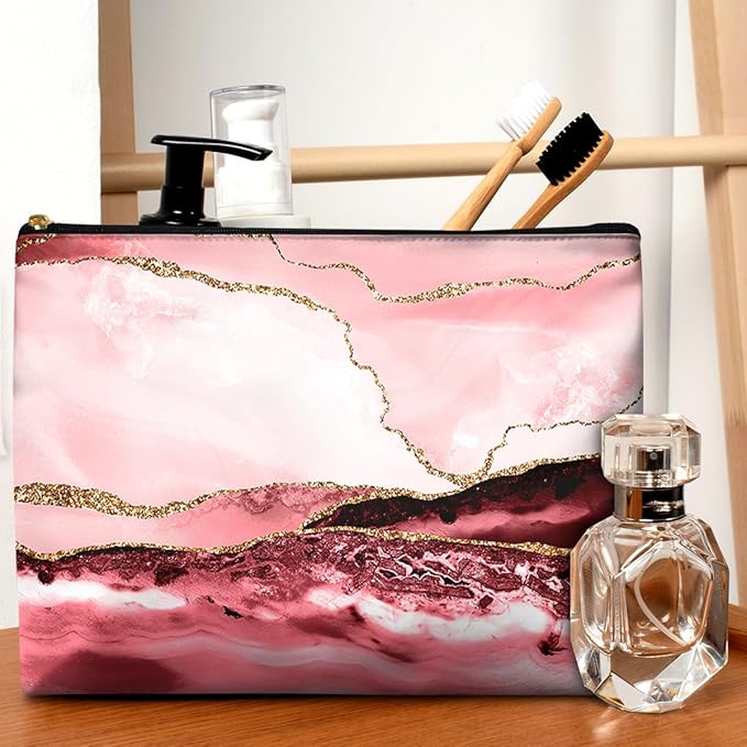Cute Makeup Bag for Purse Waterproof Cosmetic Bags for Women Funny Smooth Zipper Travel Toiletry Pouch 10X8 Inches-Pink Marble Makeup pouch